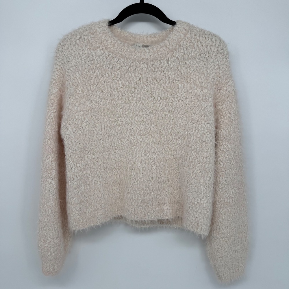JOIE CREW NECK METALLIC THREAD‎ FUZZY SWEATER SMALL LIGHT BLUSH PINK CREAM